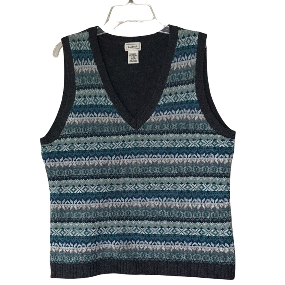 L.L. BEAN Fair Isle Sweater Vest 100% Lambswool V-Neck Green Blue Gray Size S